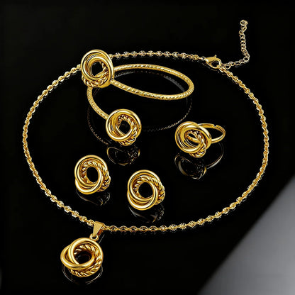 New Fashion Stainless Steel Gold Color Interlocking Circles Roman Numbers Jewelry Sets Women 4pcs Waterproof Jewelry Set Gift