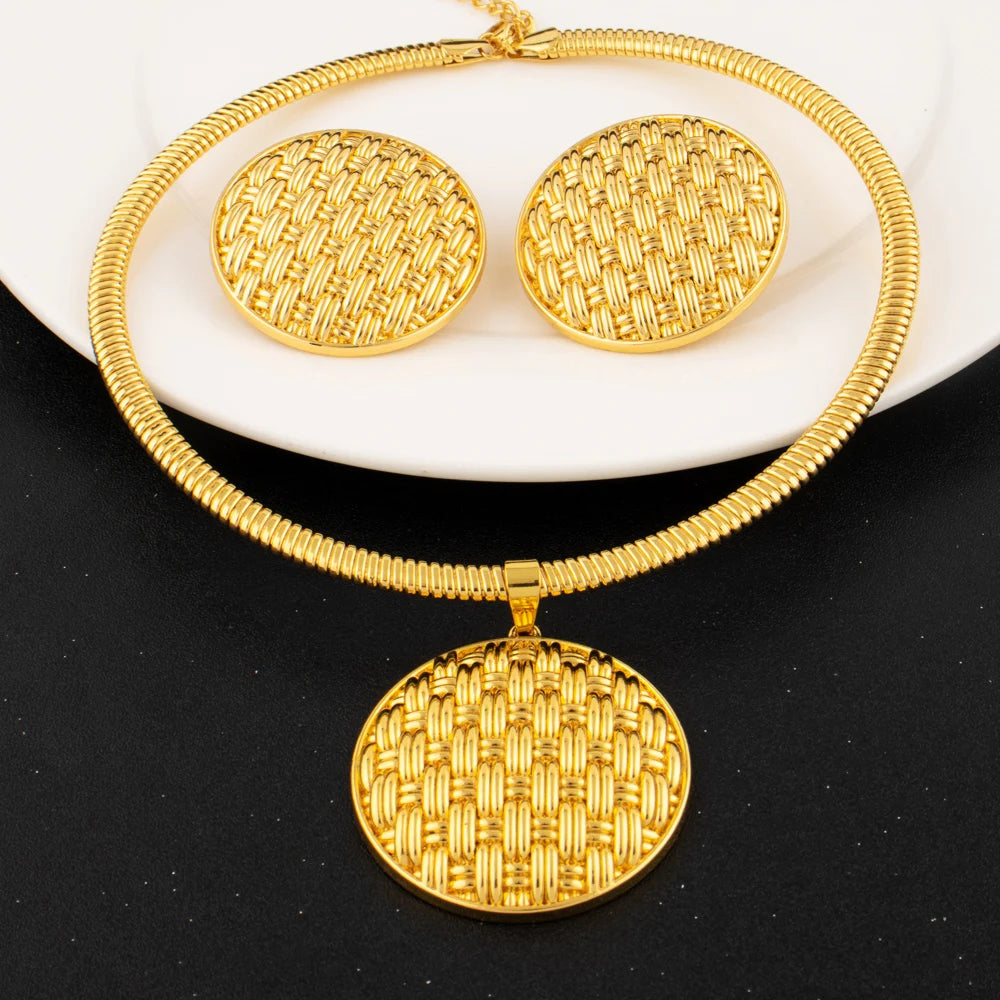 18K Gold Plated Brazilian Bold Roundel Earrings & Necklace Set for Women, Dubai African Party Graduation Gift, Luxury Jewelry Se