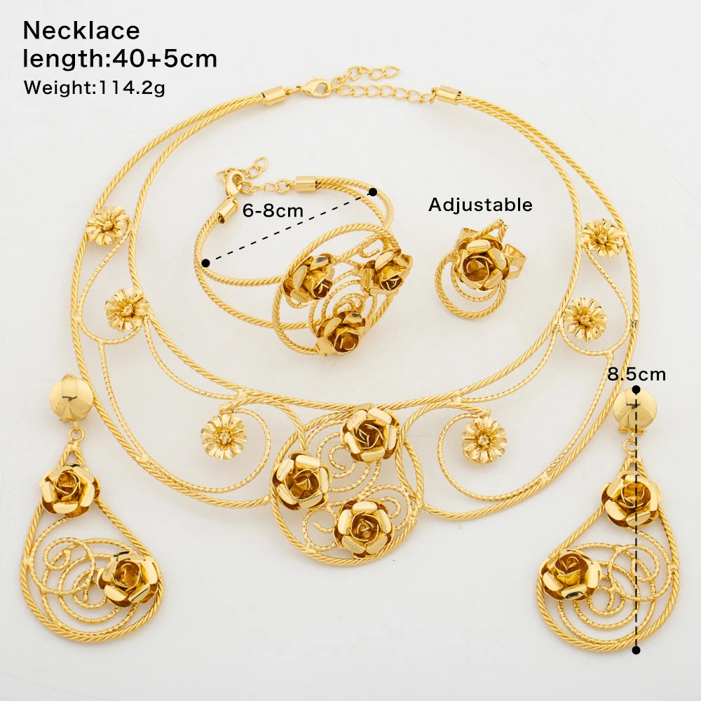 Africa Dubai Gold Color Necklace Earrings Jewelry Set for Women Copper Big Exaggerated Flower Earrings Punk Bracelet Ring Bride