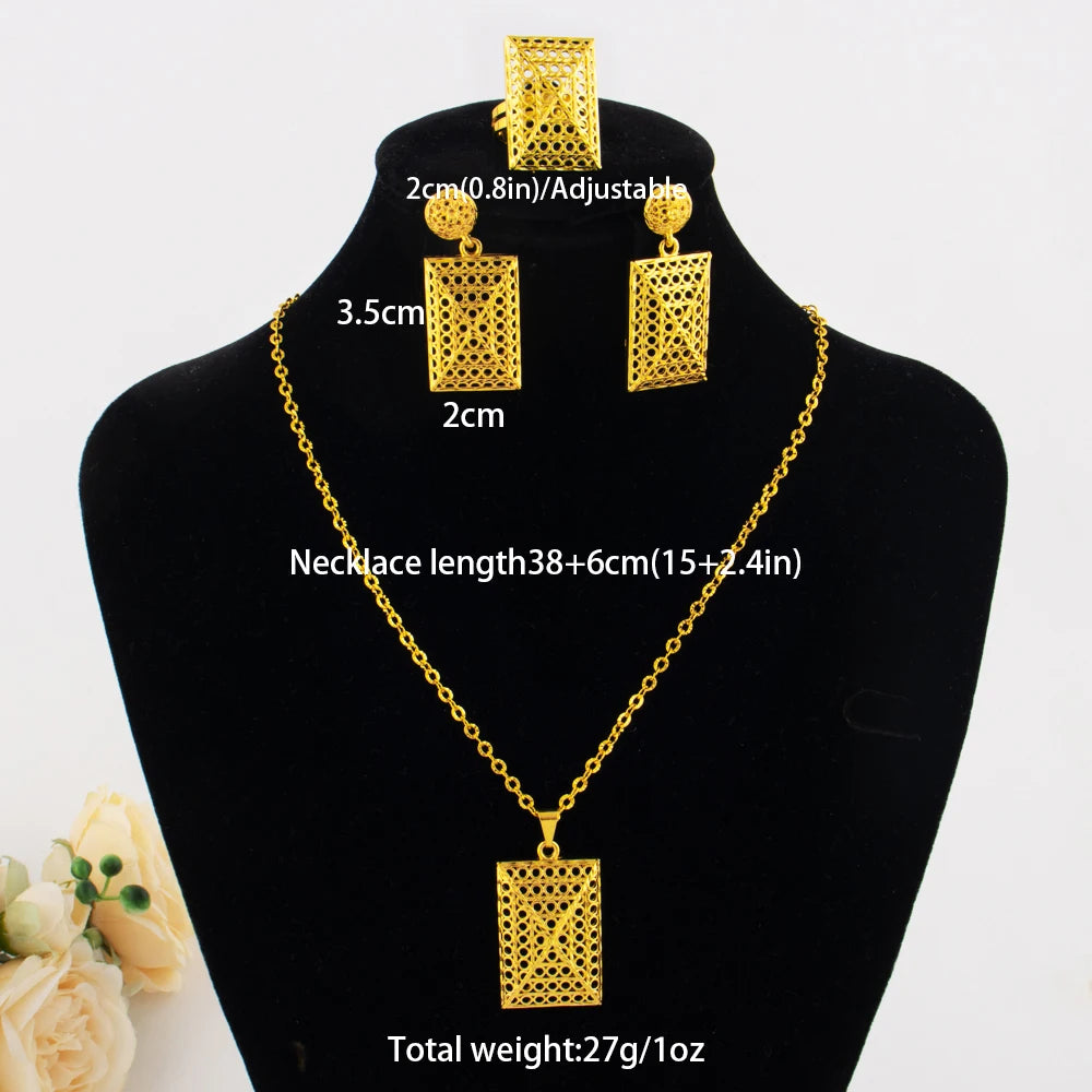 YM Gold Color Rectangle Shape Women Jewelry Set Mid East Noble Earrings Ring Necklace Jewelry Wholesale Gift for Party Wedding