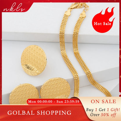 Necklace Dubai Fashion Trendy Earrings Set Simple Chain African Gold Color Earrings and Rings Set For Lady Wedding Jewellery