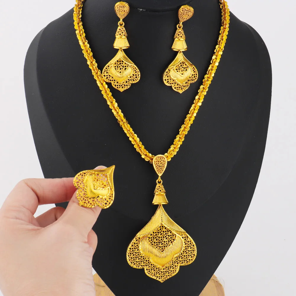 2026 Nigeria Classic Fashion Women Jewelry Sets Mystical Dubai Female Earrings Ring Flower Necklace For Party Wedding Easter Gif