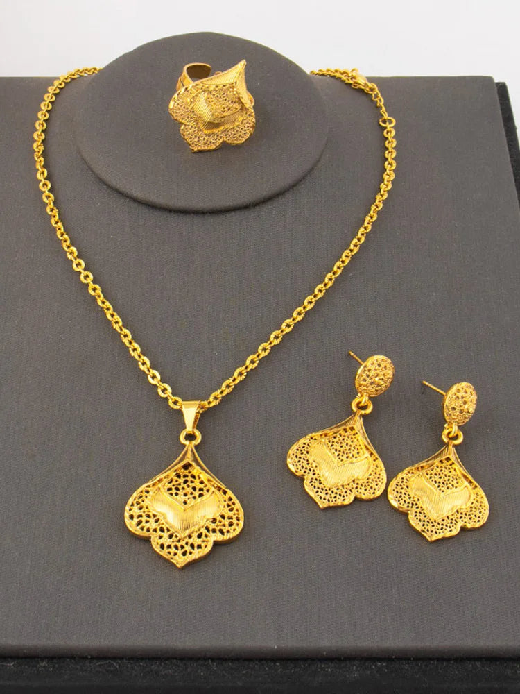 Spain Fashion Gold-Tone Jewelry Set for Women – Classic Earrings Ring Necklace, Elegant Daily Wear & Party Wedding Gift, Mother
