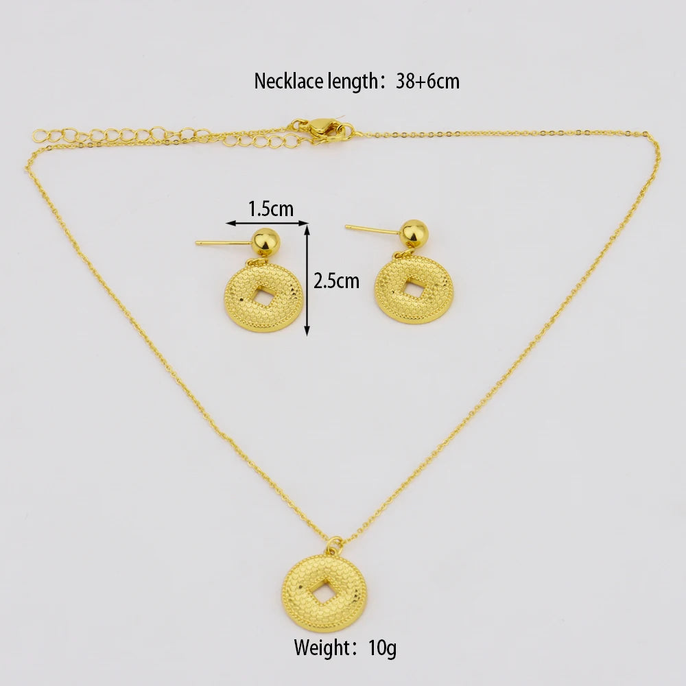 Color Women Earrings Clavicle Chain Set Gold Plated Coin Shape Pendant Delicacy Jewelry Set Fot Party Wedding Birthday Gift