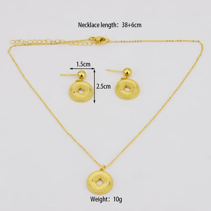 Color Women Earrings Clavicle Chain Set Gold Plated Coin Shape Pendant Delicacy Jewelry Set Fot Party Wedding Birthday Gift