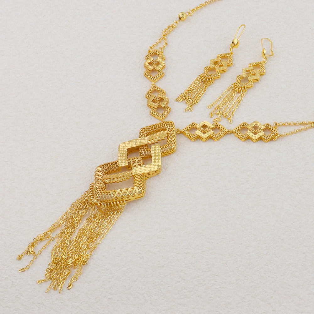 dubai style womens jewelry set 24K luxury Gold Color Long Necklace Set  Nigerian Party Bridal Wedding Necklace Earrings Set