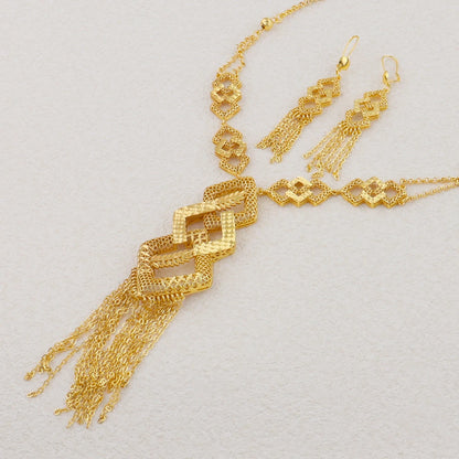 dubai style womens jewelry set 24K luxury Gold Color Long Necklace Set  Nigerian Party Bridal Wedding Necklace Earrings Set