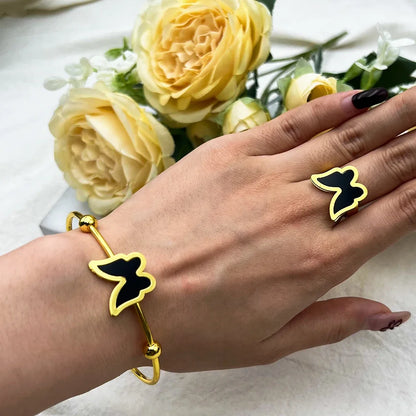 Gold Color Opening Bracelet Ring of Women Gold Plated Trendy Lucky Butterfly Shape 2pcs Jewelry Set Apply to Wedding Party