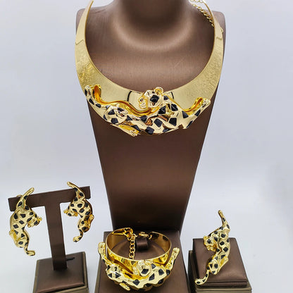 Gold Plated Necklace and earrings set for women Leopard Animal Dangle Earrings Bracelet Ring Banquet Party Fashion Jewellery