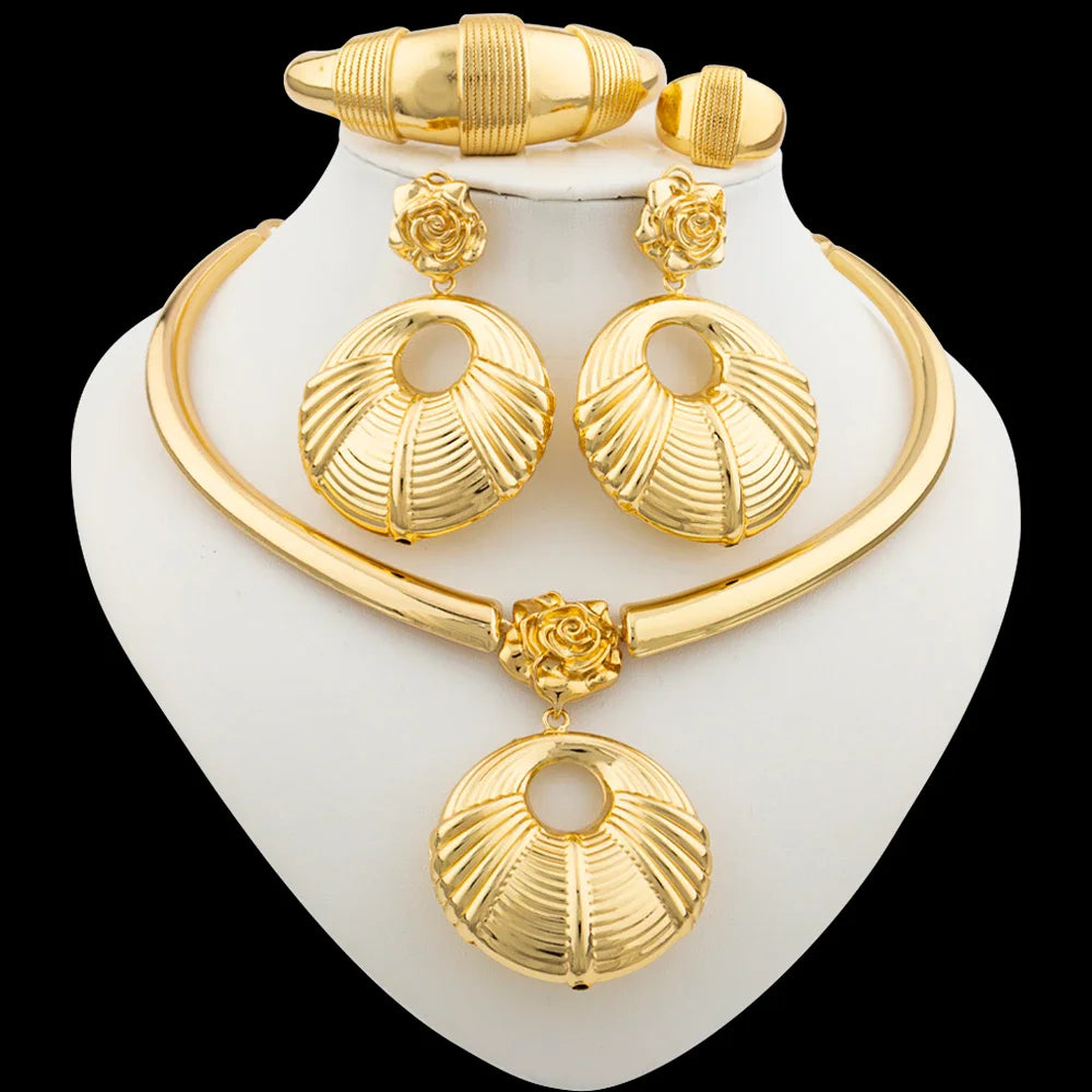 African 18k Gold Plated Jewelry Set for Women Hoop Earrings and Pendant Set Italian Gold Color Weddings Bangle Ring Jewellery