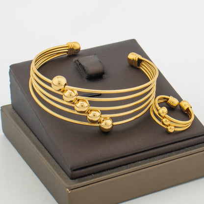 18k Gold Color Bangle Ring Set for Bride African Women Beads Design Hollow Out Bangle Ring Set for Engagement Bracelet Gifts
