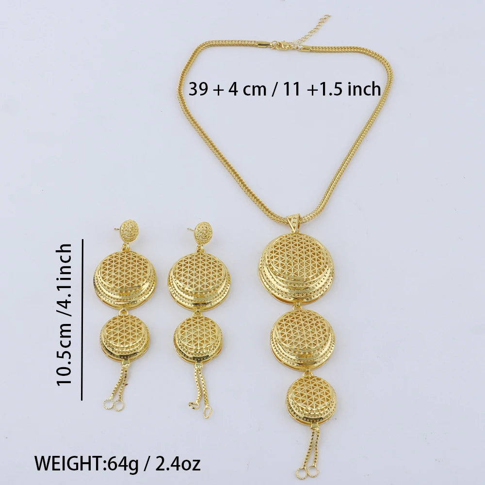 Dubai Stainless Steel Round Jewelry Set for Women Indian Bridal Costume Gold Plated Necklace Earrings Set For Wedding Party Gift