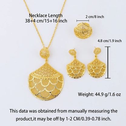 Dubai Gold-Tone Bridal Set: handcrafted earrings, necklace & ring, zircon sparkle, lightweight alloy, wedding gift, Indian Niger