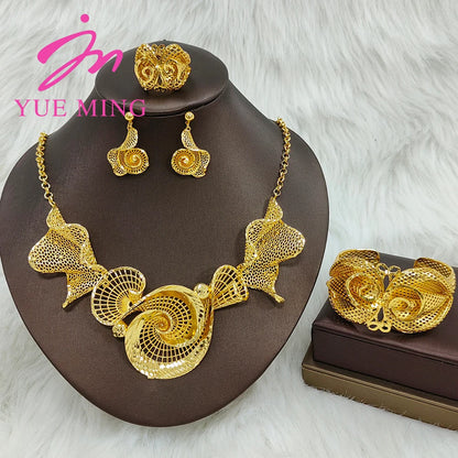 YM Gold Plated Jewelry Set for Women Copper Necklace Earrings Dubai African Party Bridal Wedding Gifts Arabic Cuff Bangles Rings
