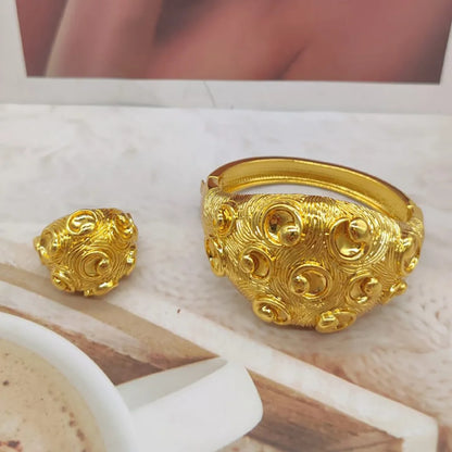 Luxury Gold Color Bangle with Ring Set for Women African Cuff Bangle and Finger Ring 2Pcs Set for Engagement Party Jewelry Gift