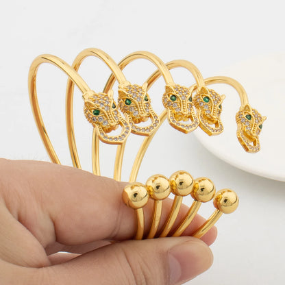 Luxury 5pcs Cuff Bangles for Women Gold Color Snake Shaped Charm Bracelets Wholesale Green Zircon Jewelry Wedding Party Gifts