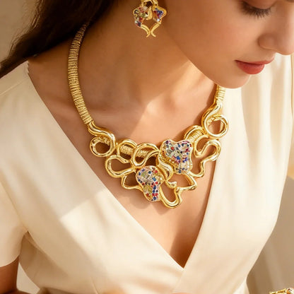 Colorful Zircon Jewelry Sets Exquisite Round Necklace Fashion Women Earrings Artificial Stone Cuff Bangles Ring Jewellery Gifts