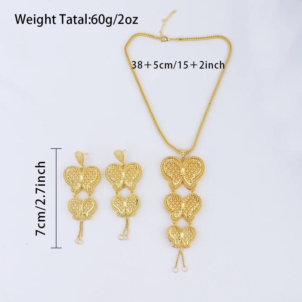 Dubai Gold Color Jewelry Set For Woman Bridal Nigerian Butterfly Shape Stainless Steel Necklace Earrings Jewellery Set Party Gif