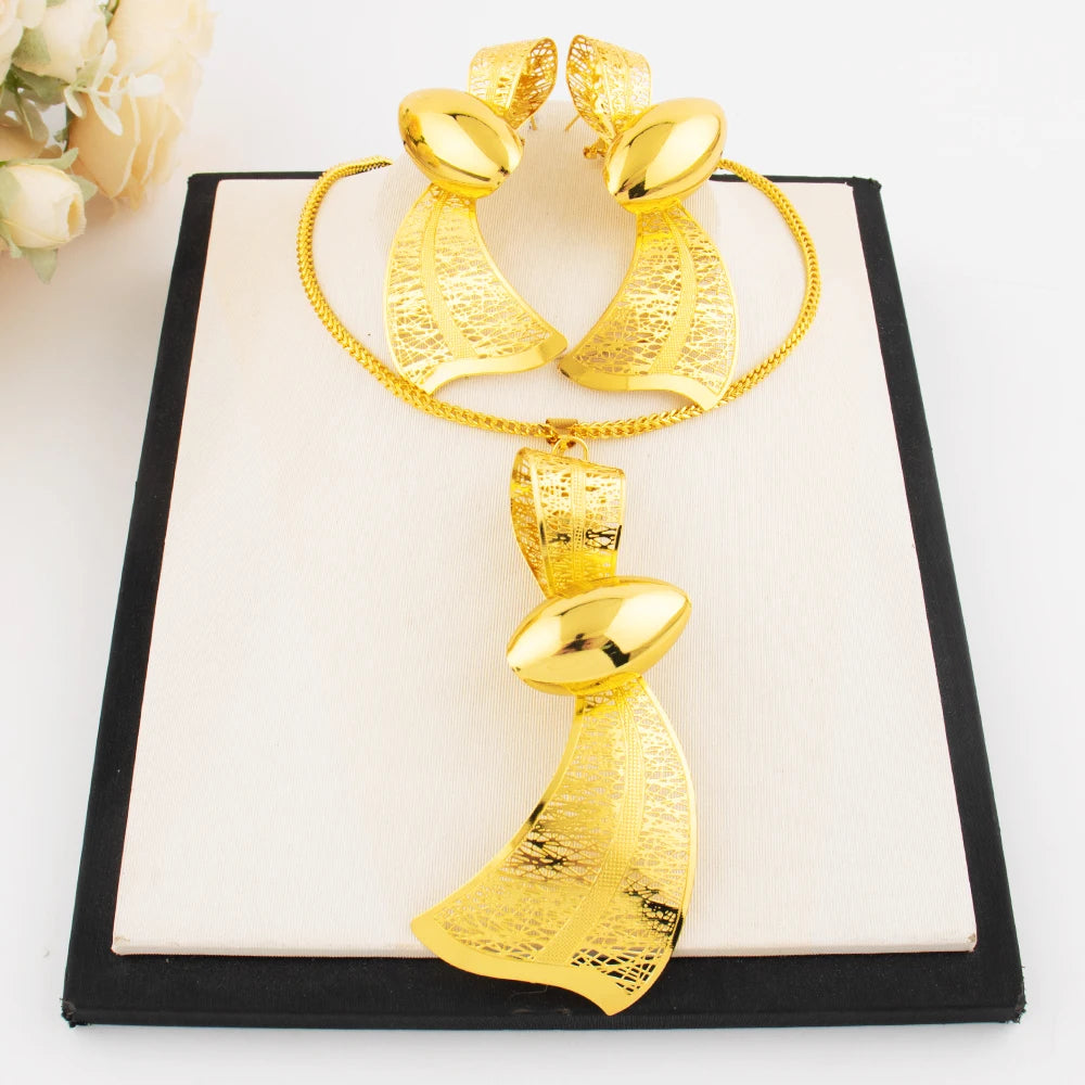 18K Gold Tone Water-Drop Ribbon Necklace & Earrings Set, Dubai Arab Luxury Waterproof Jewelry for Women, Party Wedding Jewellery