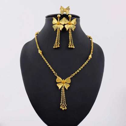 Luxury Gold-Tone Tassel Jewelry Set: Middle-East Inspired Necklace, Drop Earrings & Ring for Dubai African Party Glamour
