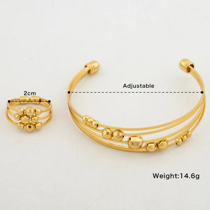 18k Gold Color Bangle Ring Set for Bride African Women Beads Design Hollow Out Bangle Ring Set for Engagement Bracelet Gifts