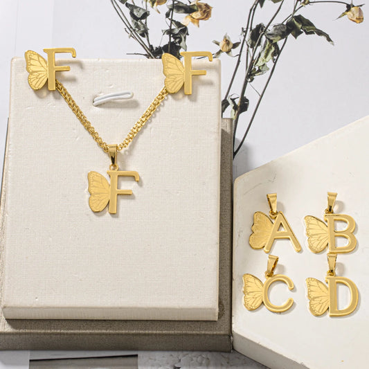 Dainty Butterfly Letters Earring necklace Stainless Steel Jewelry Set For italian Girl Wedding Summer Jewelry Gift