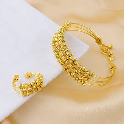 Gold Color Classic Bangle with Ring African Fashion Gold Plated Charms Jewelry Set for Women Luxury Wedding Bracelet Ring Set