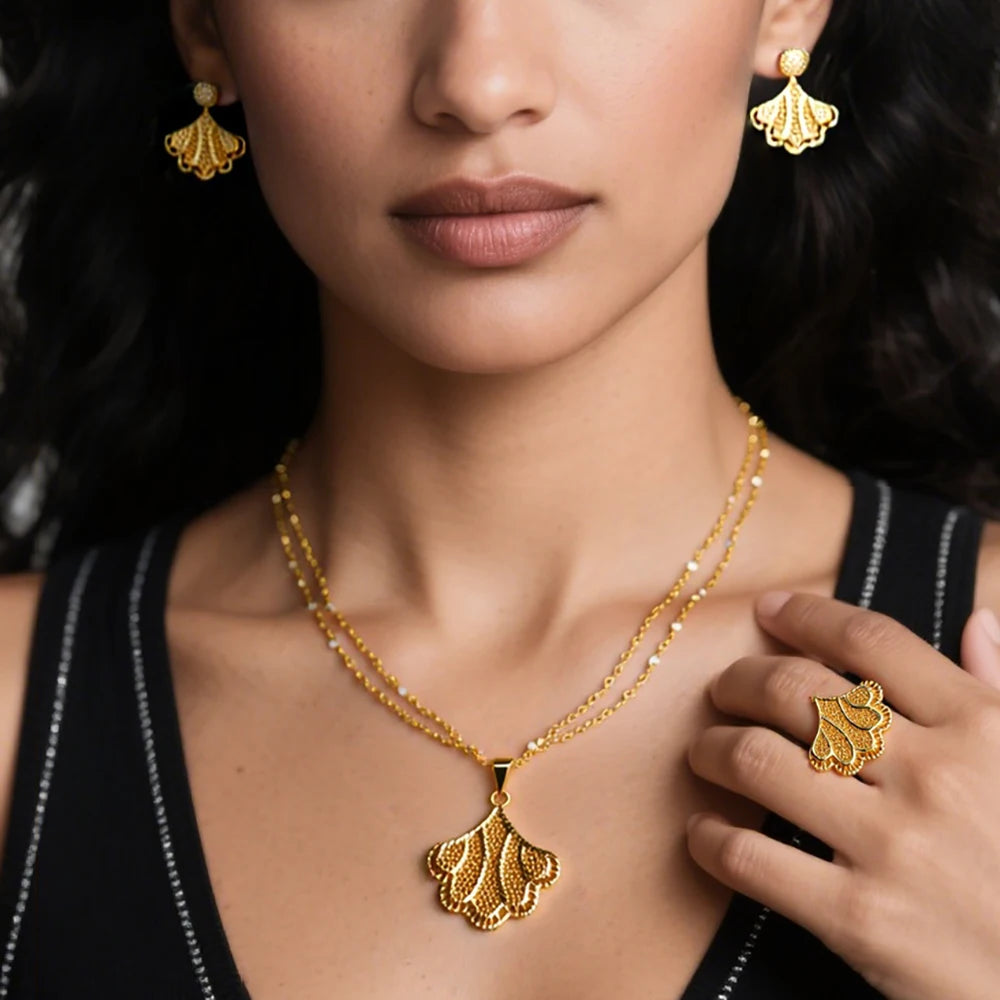 Dubai 24K Gold Color Jewelry Set For Women Necklace Pendant Earrings Rings Wedding Nigeria France Jewelry Set Party Gifts