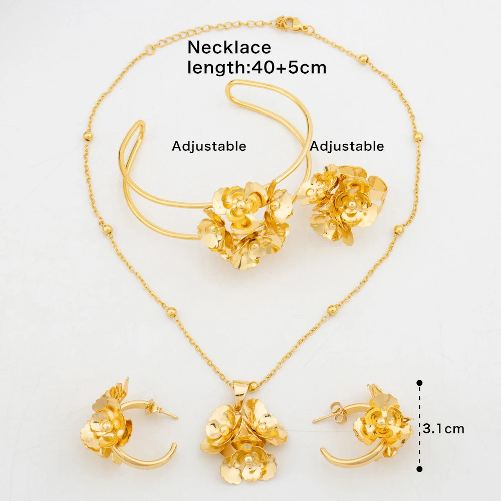 African Gold Plated Earrings Pendant for Women Dubai Luxury Flower Jewelry Set Italy Lady Fashion Bracelet Ring Free Shipping