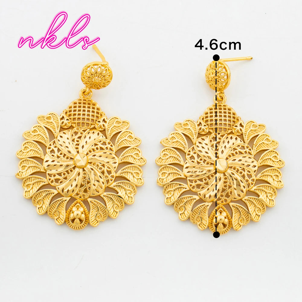 Bohemian Fashion Drop Earrings Set Dubai Lace Flower Eardrop Brazilian Luxury Gold Color Jewelry Wedding Party Accessories Gifts