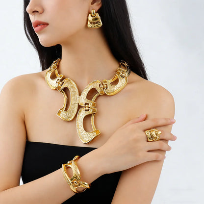 New Exaggerate Jewelry Set Dubai Gold Color Big Necklace Earrings Bracelet Ring Sets Bridal 24k Gold Plated Jewellery Gifts