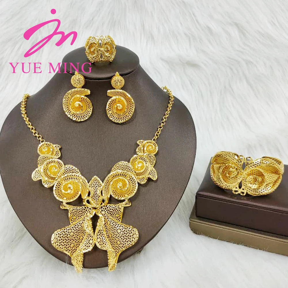 YM Gold Plated Jewelry Set for Women Copper Necklace Earrings Dubai African Party Bridal Wedding Gifts Arabic Cuff Bangles Rings