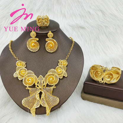 YM Gold Plated Jewelry Set for Women Copper Necklace Earrings Dubai African Party Bridal Wedding Gifts Arabic Cuff Bangles Rings
