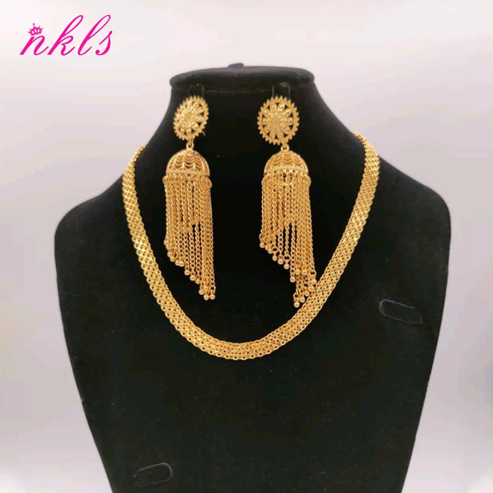Dubai Stud Earring Set & Italy Chain Necklace, Classic Copper Jewelry for Women Daily Party Anniversary Gift Jewellery