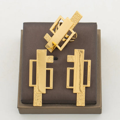 Dubai Gold Color Earrings and Ring Set for Ladies Weddings Hollow Out Clip Earrings and Finger Ring Set for Nigerian Daily Wear