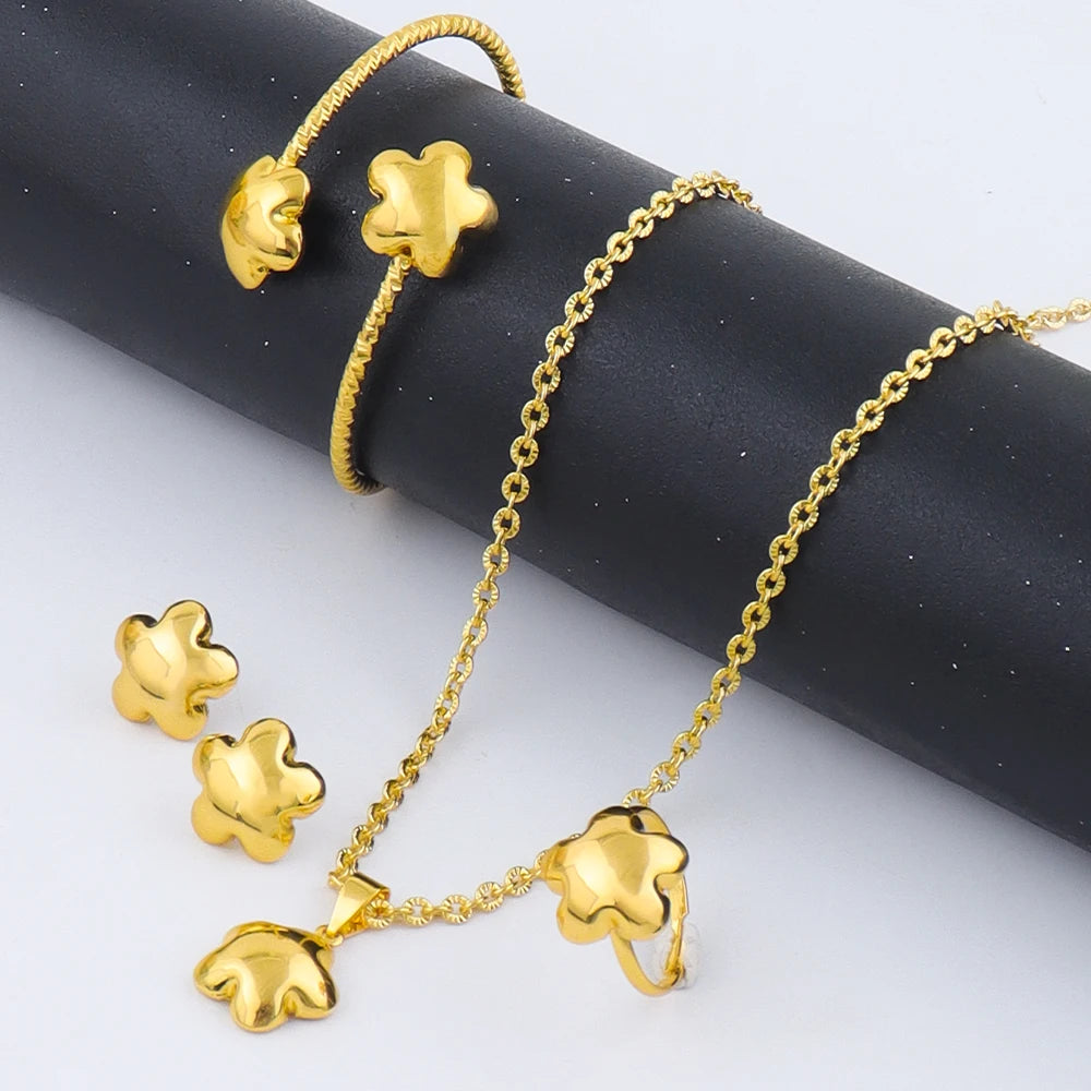 Plated 4Pcs Flower Jewelry Set for Women, Stainless Steel Necklace Earrings Bracelet Ring Gift America Fashion Party