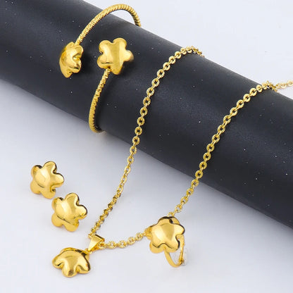 Plated 4Pcs Flower Jewelry Set for Women, Stainless Steel Necklace Earrings Bracelet Ring Gift America Fashion Party