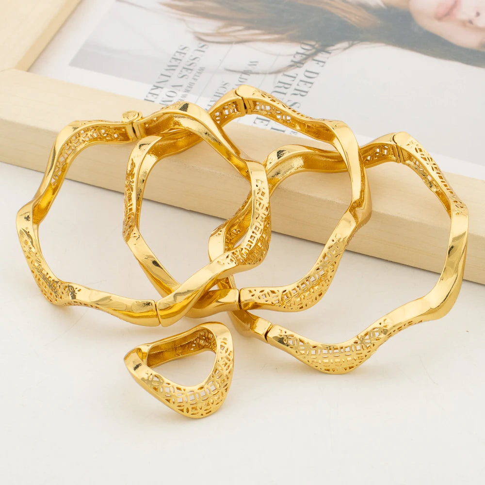 Dubai Gold Color Bangle Ring Set for Engagement Irregular Design Cuff Bangles Cocktail Ring Ladies Elegant Stacked Bracelets