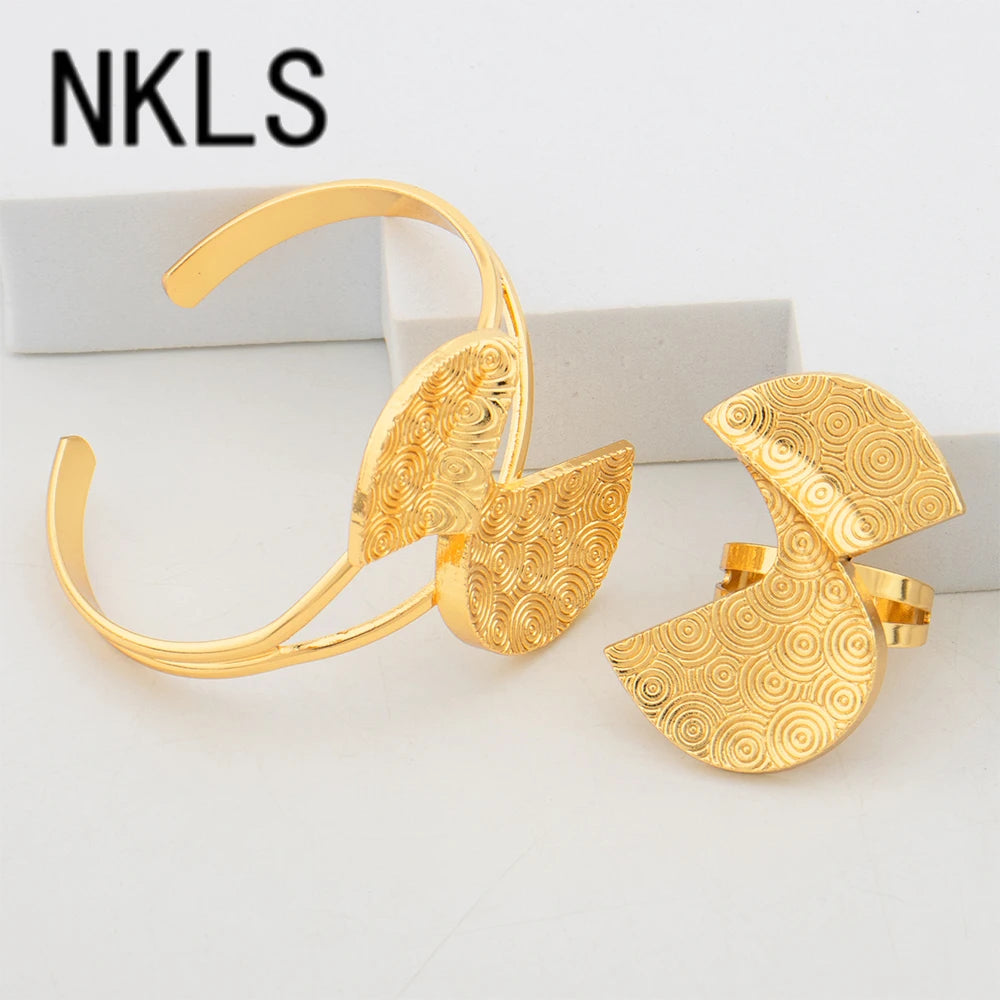 Dubai African Clip Earrings Cuff Bangle & Ring Set, Luxury Jewelry for Women, Wedding Party Gift, Elegant Jewelry Women