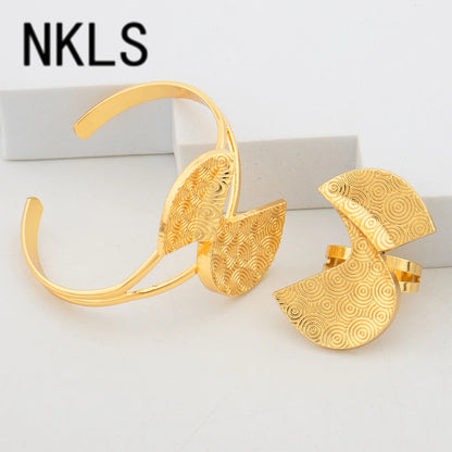 Dubai African Clip Earrings Cuff Bangle & Ring Set, Luxury Jewelry for Women, Wedding Party Gift, Elegant Jewelry Women