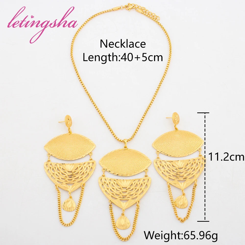 Bohemian Copper Necklace Drop Earrings 2Pcs Set Luxury Gold Color Jewelry Set for Women Italy Earrings Jewelry Party Gift