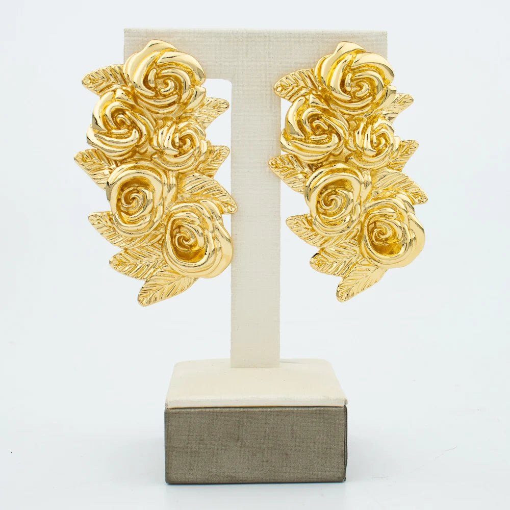 Dubai Gold Plated Jewelry Set Exaggerate Rose Pendant and Earrings Large Necklace Weddings Bridal Jewelry Set Gifts for Women