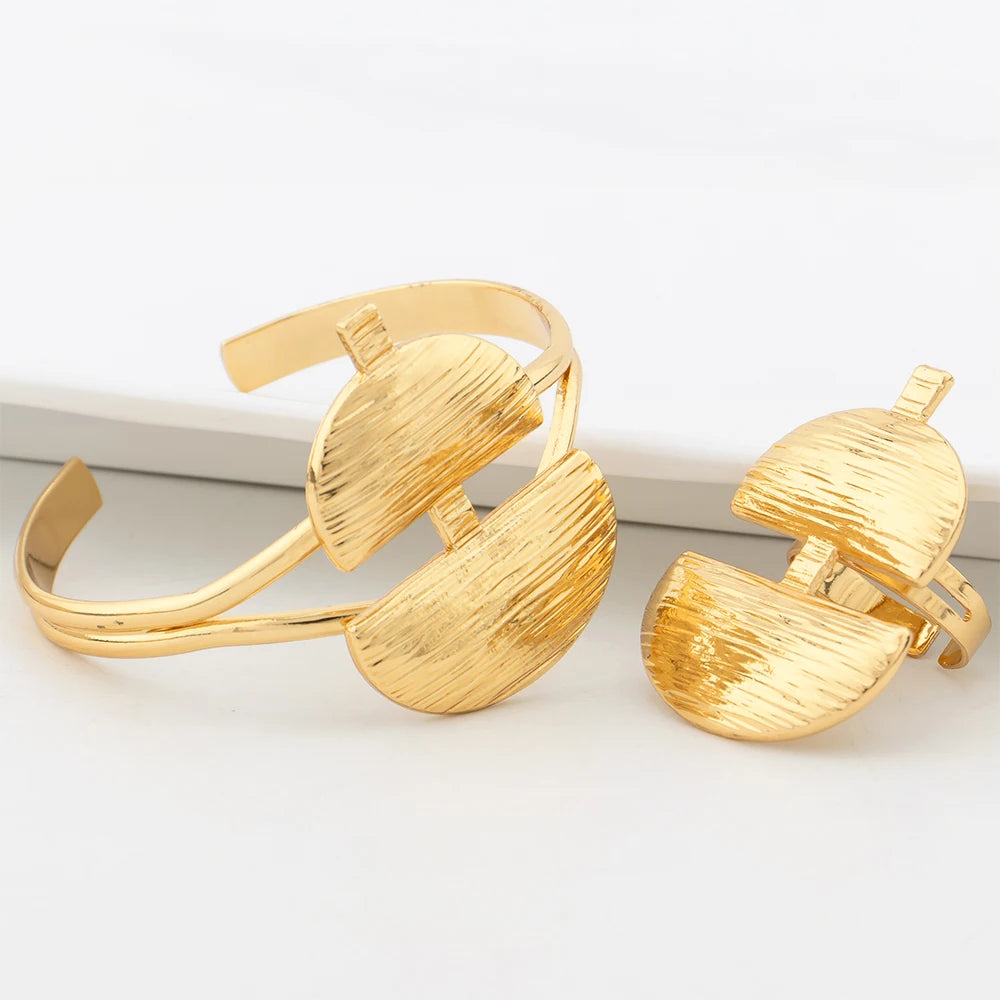 Gold Color Jewelry Sets For Women Wedding Necklace Earrings Dubai African Bridal Jewelry Accessory Geometry Cuff Bangles Ring - YUEMING JEWELRY