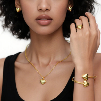 Stainless Steel Heart Jewelry Set for Women, Trendy Wedding Gift Earrings Necklace Bracelet Ring, Fashion Female Access
