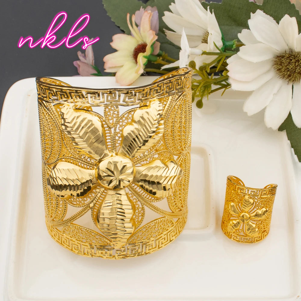 Luxury 18K Gold Big Cuff Bangle & Flower Ring Jewelry Set for Women, Dubai Bridal Wedding Earrings Set