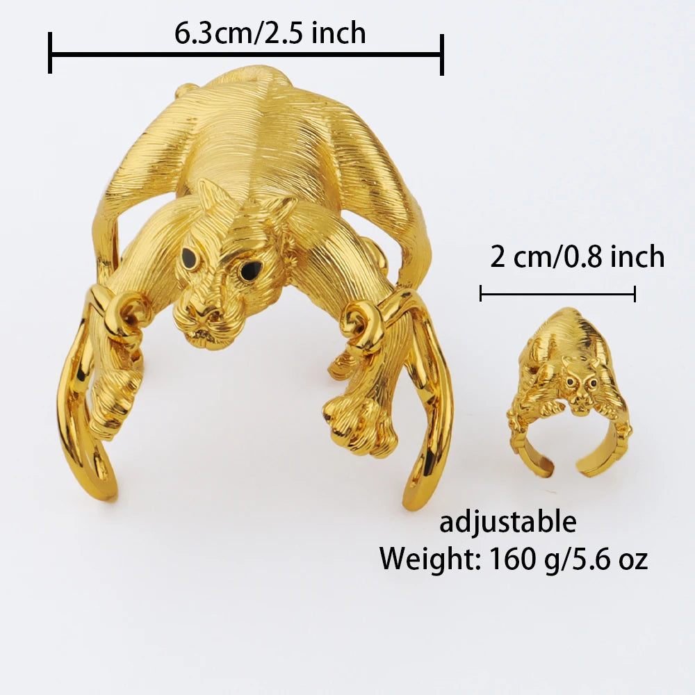 Exaggerate Leopard Bangle with Ring Jewelry Set for Women Dubai Gold Color Cuff Bangle Cocktail Ring 2Pcs Set for Weddings Gifts