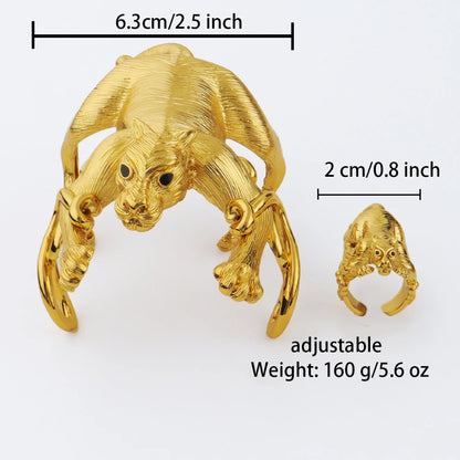 Exaggerate Leopard Bangle with Ring Jewelry Set for Women Dubai Gold Color Cuff Bangle Cocktail Ring 2Pcs Set for Weddings Gifts