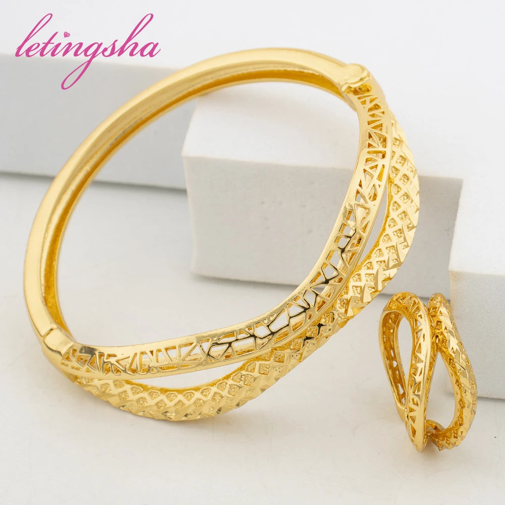 African 18k Gold Color Bracelet Ring Set for Ladies Classic Geometry Design Bangle with Ring 2pcs Set for Birthday Gifts