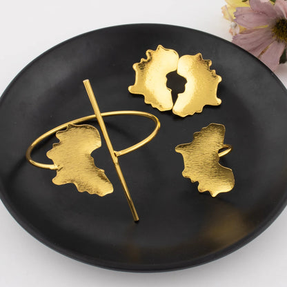 Elegant African Gold-Tone Bridal Wedding Gift Jewelry Set for Women Clip Earrings Cuff & Ring