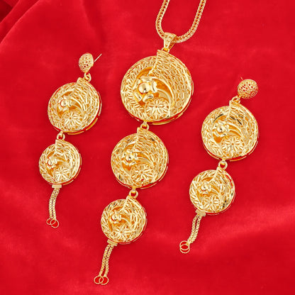 18K Gold Plated Dubai Inspired Jewelry Set for Women with Complex Flower Design Chain Necklace Charms Earrings - Perfect for Par
